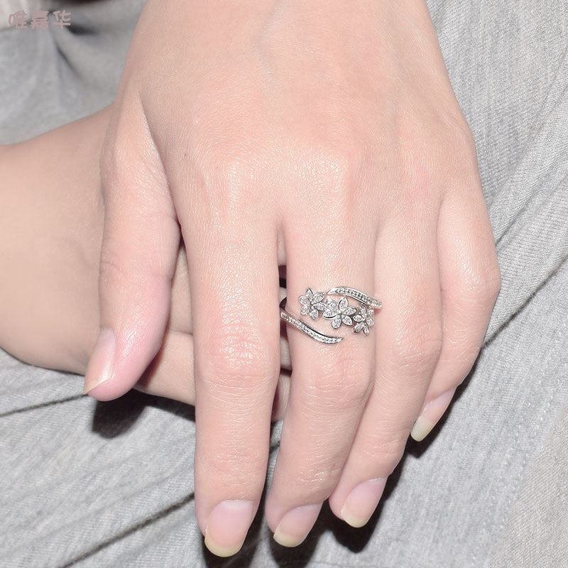 Women Index Finger Ring Gold Plated Diamond Flower Gemstone Adjustable Opening Elegant Korean Jewelry Floral Crystals