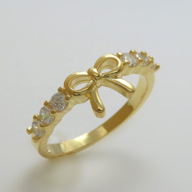 Womens Bowknot Ring With Zircon Inlay Yellow Gold Plated Copper Ring Fashion Jewelry Gem Semi Precious For Her