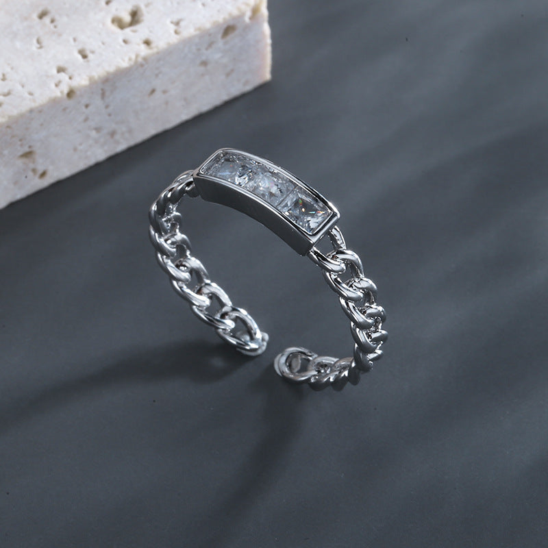 Womens Silver Ring Korean Texture Square Ring Diamond Chain Ring Electroplated Geometric Ring Adjustable Opening Ring Individually Packed Festival Ring