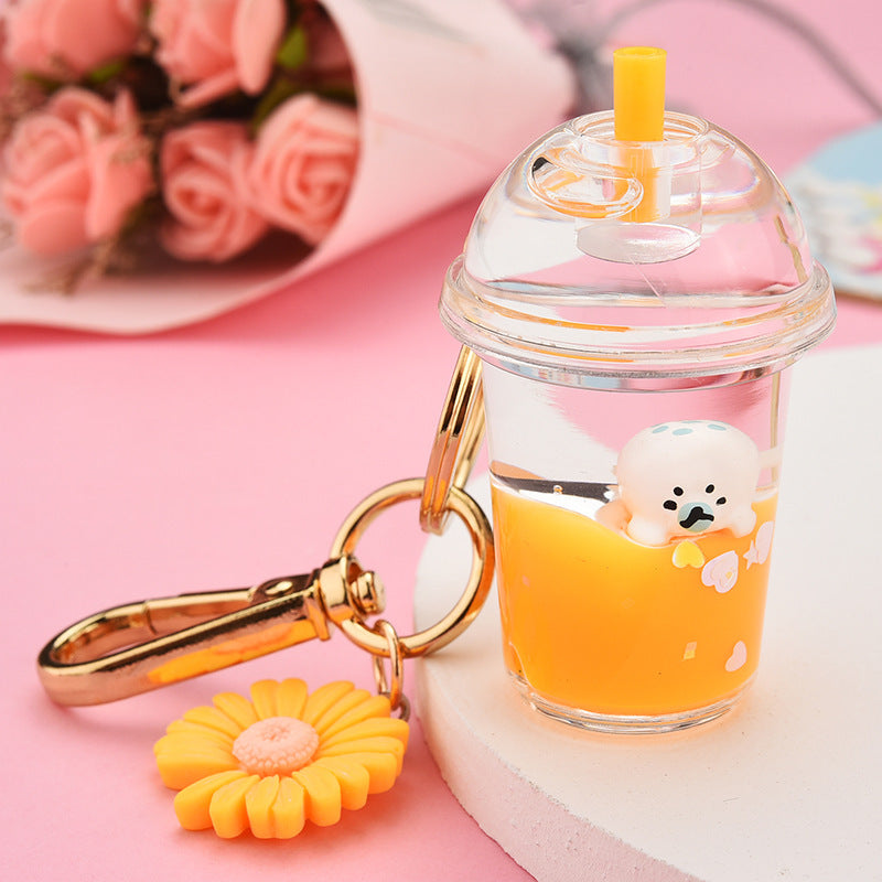 Milk Tea Cup Keychain With Cute Cartoon Animal Pendant Electroplated Charm Light Blue Lemon Yellow Pink Acrylic