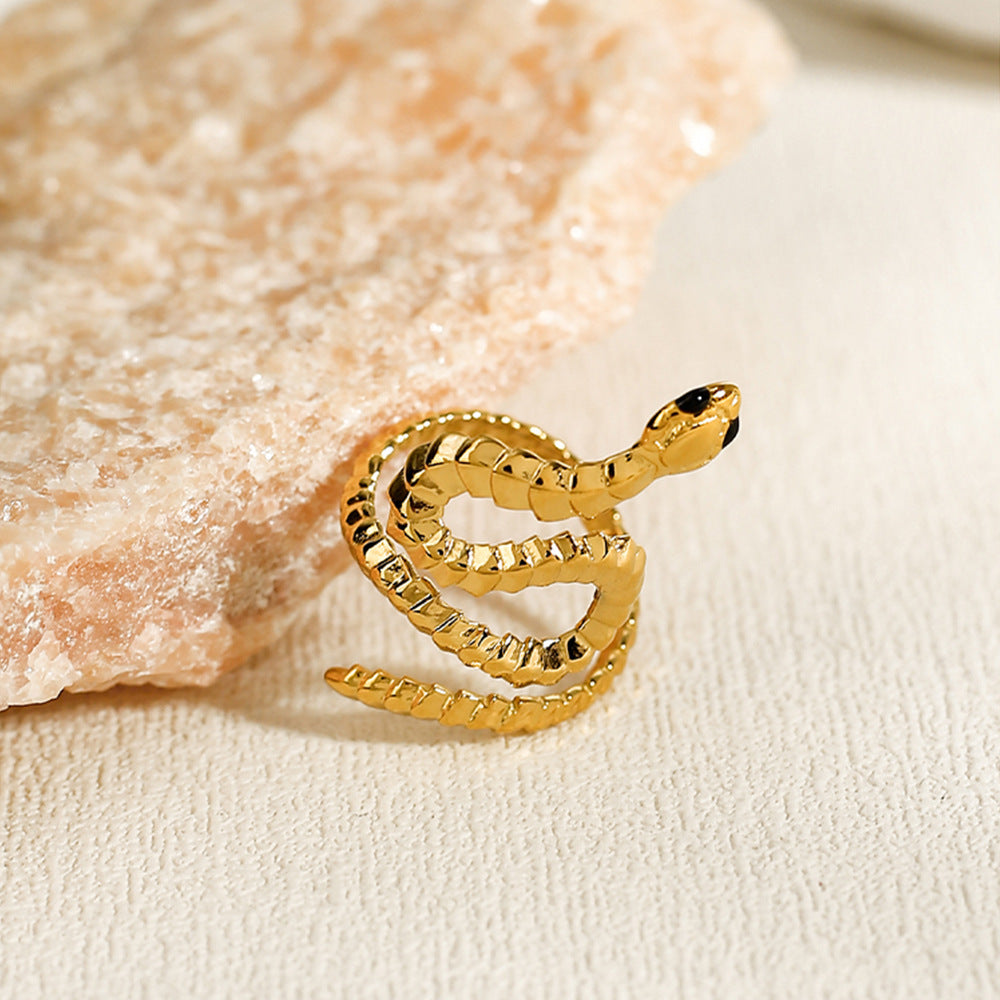 Stainless Steel Ring With French Texture Snake Accent