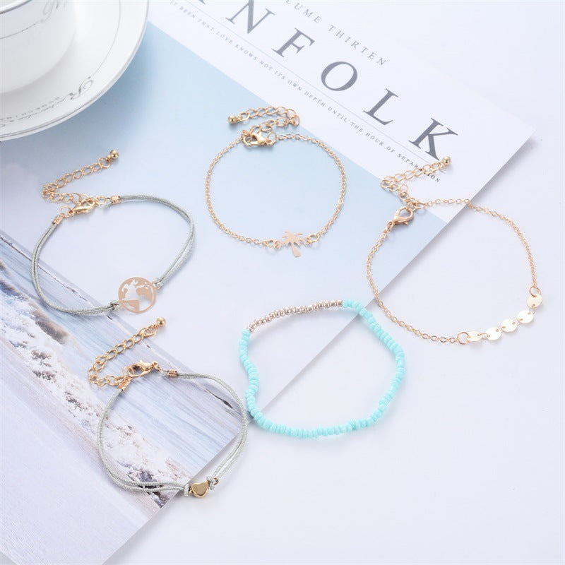 Womens Beaded Geometric Alloy Bracelet Set Five Piece With Electroplated Gold Finish And Coconut Tree Charm Pendant