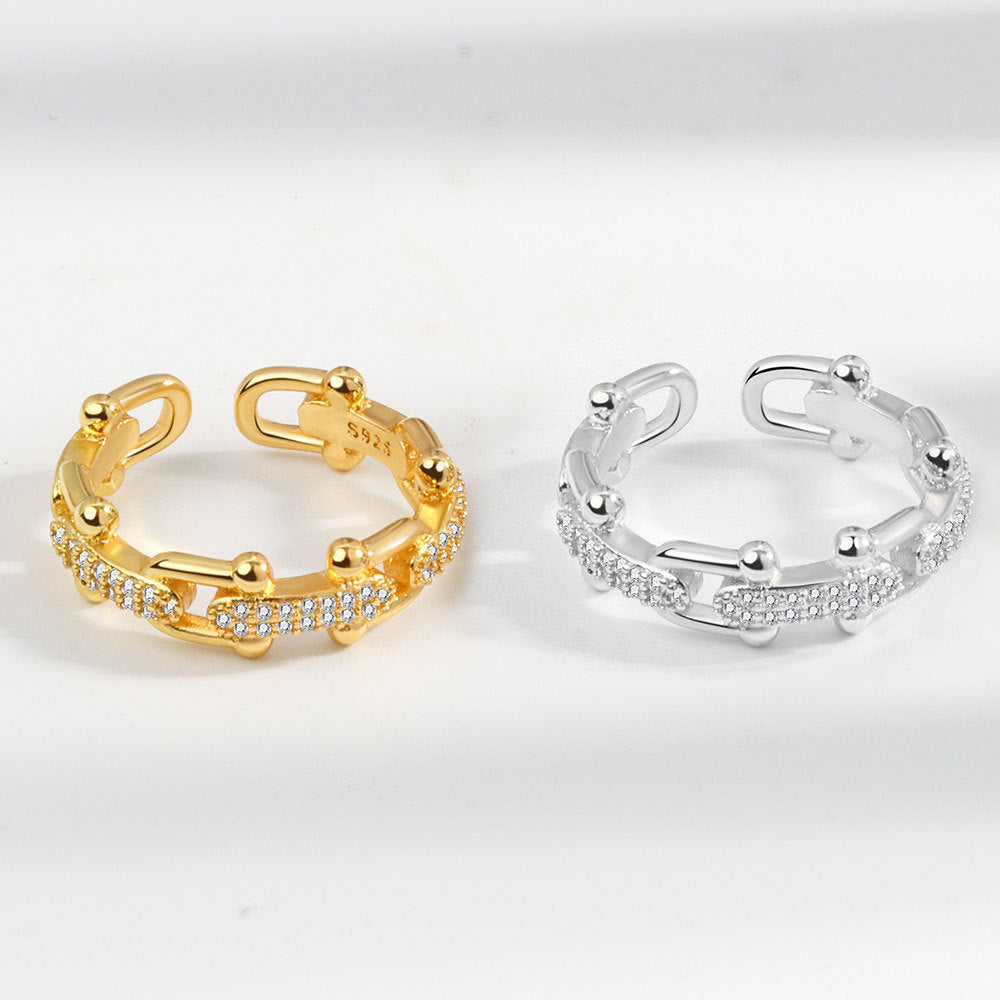 Womens Simple Horseshoe Chain Hollow Ring Copper Electroplated Gold Tone Open Adjustable For Everyday Wear Gift