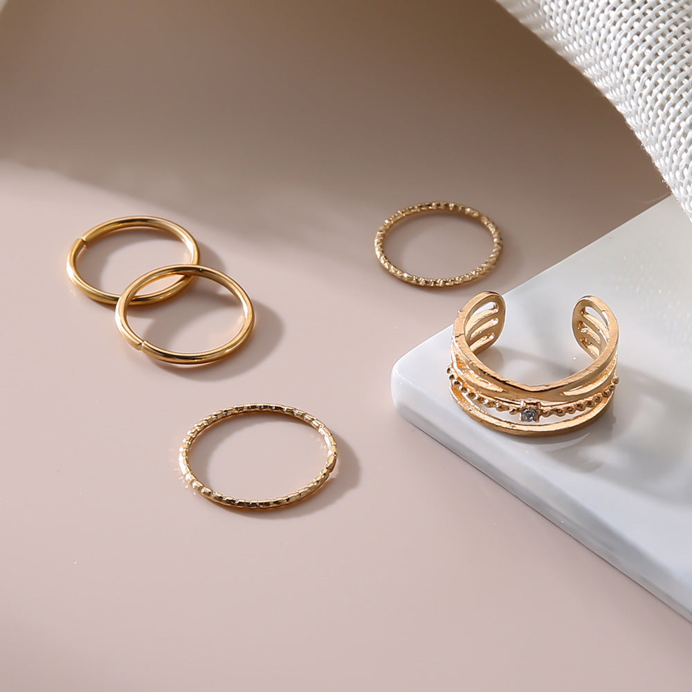 Geometric Ring Set Five Piece Electroplated Alloy With Rhinestones Inlaid Gemstones European Style Jewelry Collection