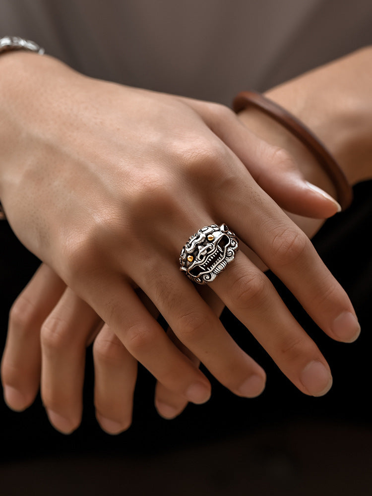 Mens Vintage Copper Ring Adjustable Lion Design Electroplated Geometric Fashion Accessory Durable Jewelry Gear