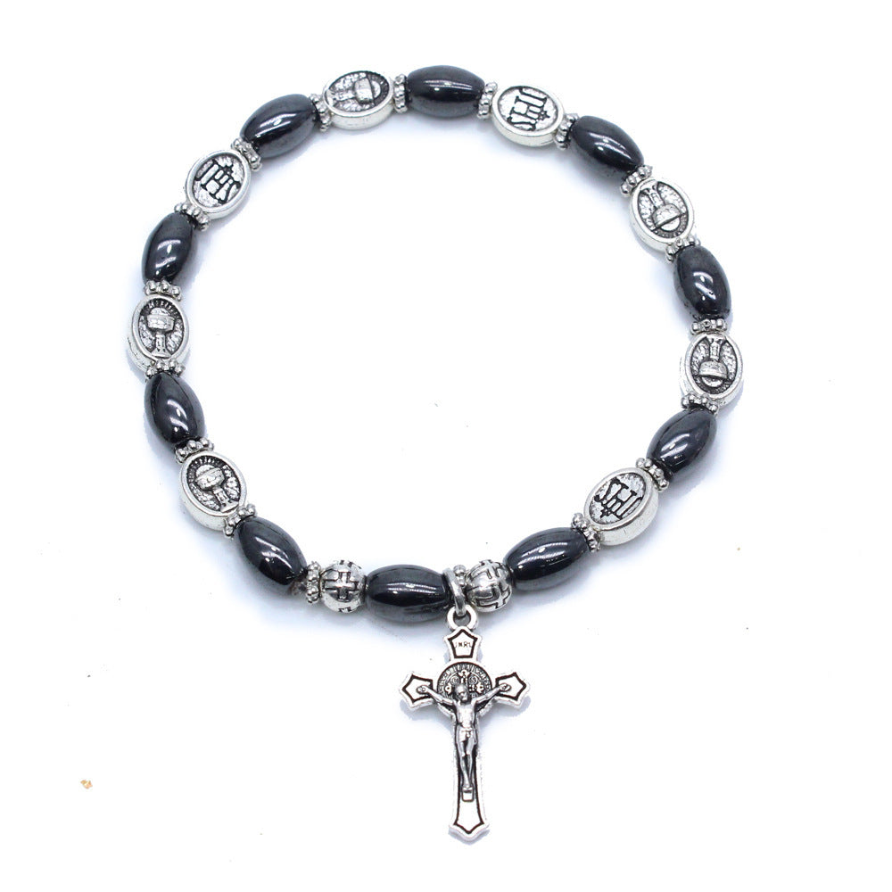 Unisex Obsidian Beaded Bracelet Religious Totem Jewelry Saint Benedict Holy Grail Virgin Holy Father Cross Charm 6mm