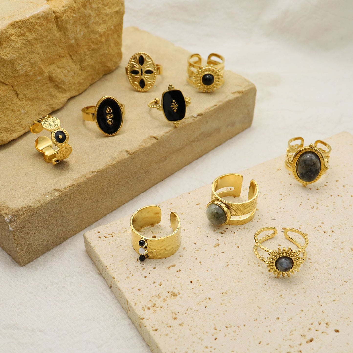 Unisex Natural Stone Ring Titanium Steel Vintage Adjustable Electroplated Jewelry for Men Women Durable Everyday Wear