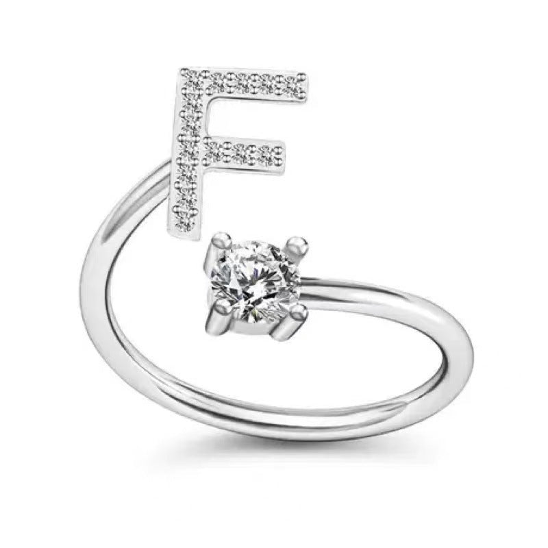 Women's Initial Alphabet Zircon Ring Open Mouth Adjustable Design A to Z Letter Jewelry Gift for Her Gifts for Her