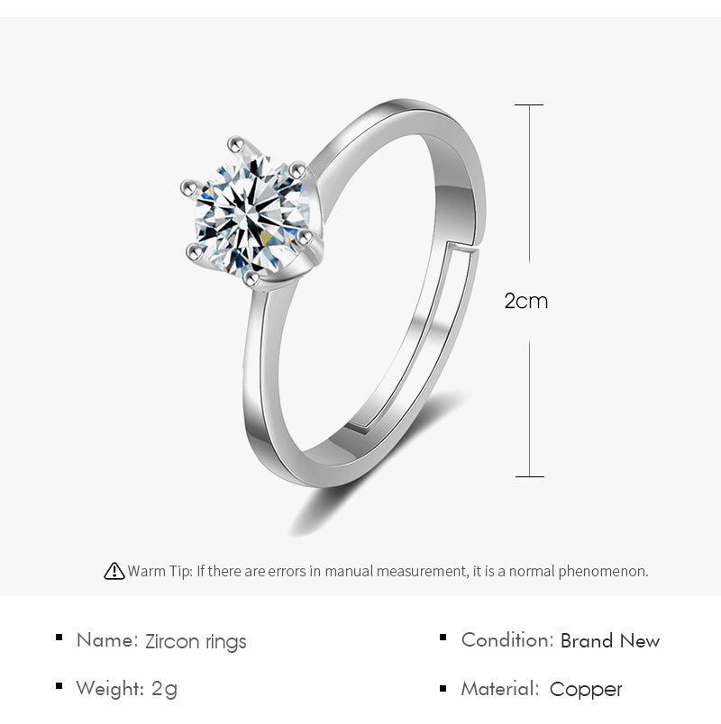Geometric Zircon Ring Women Six Claw Copper Electroplated