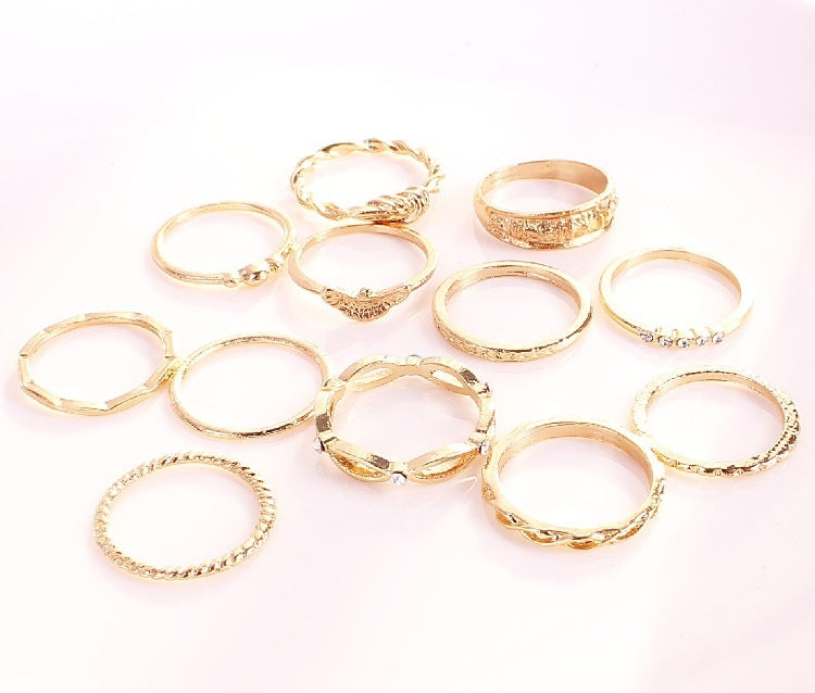 Geometric Diamond Alloy Ring Set Vintage Design 12 Piece Gold Tone Jewelry for Women Classic Vintage Style Fun