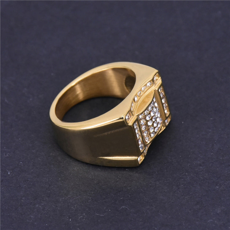 Mens Titanium Steel Ring Gold Electroplated Ring With Inlaid Diamonds Band Ring Gift For Festivals Gift Tip Him