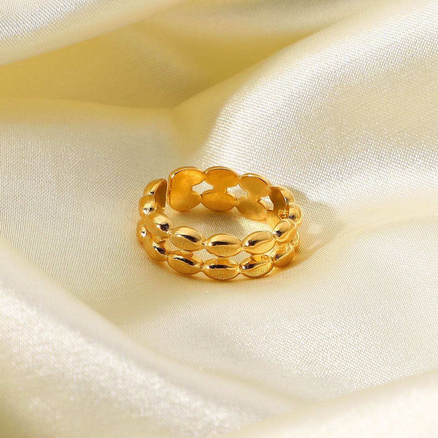 18K Gold Plated Double Layer Oval Bean Ring Stainless Steel Adjustable Fashion Jewelry For Everyday Wear Daily Use