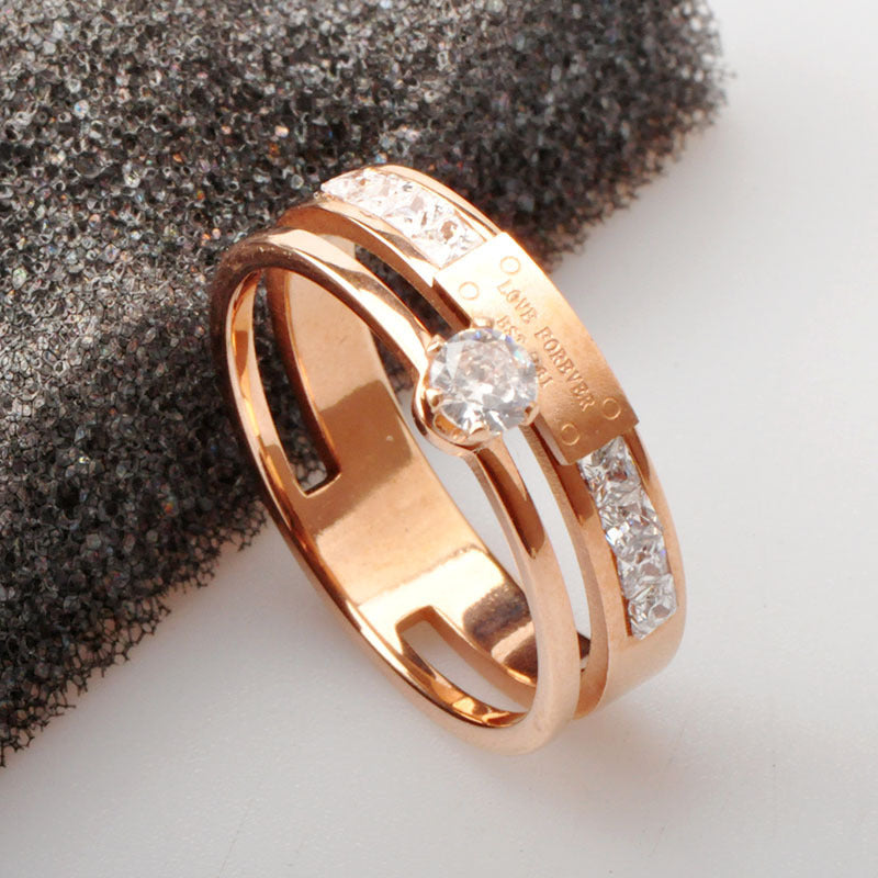 Retro Double Diamond Ring for Index Finger Rose Gold Titanium Steel Drop Shape Women Jewelry Korean Style Ring