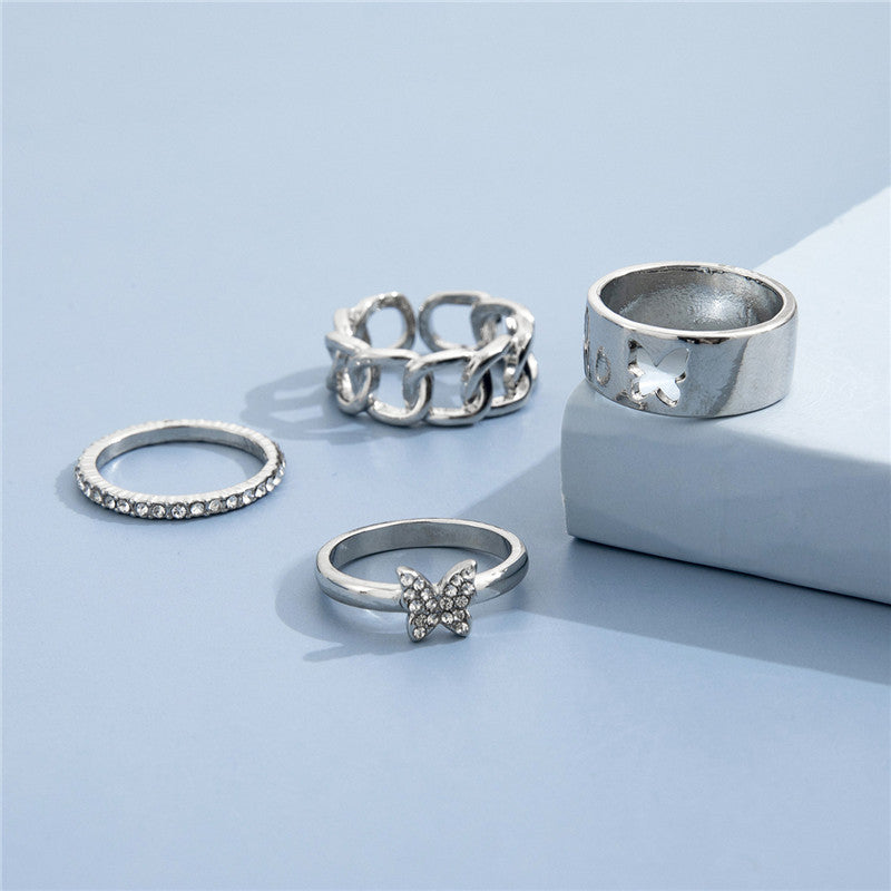 Womens Butterfly Ring Alloy Metal Rhinestone Hollow Design Fashion Jewelry Accessory Full Crystal With Sparkle