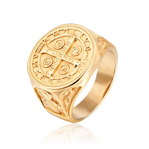 Gold Titanium Steel Cross Ring For Men Unisex Retro Style