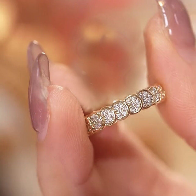 Womens Zircon Ring Gold Plated Copper Geometric Wave Scale Coin Inlay Adjustable Fashion Jewelry Elegant Everyday Wear