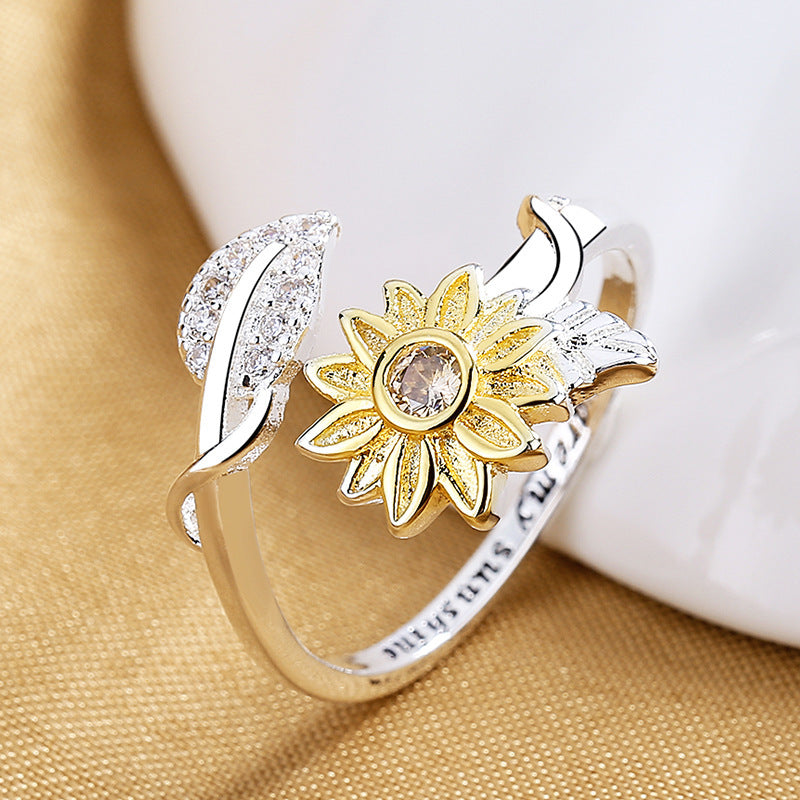 Two Tone Gold Silver Sunflower Ring Adjustable Flower Finger Ring For Women Fashion Jewelry Accessory Gift Box