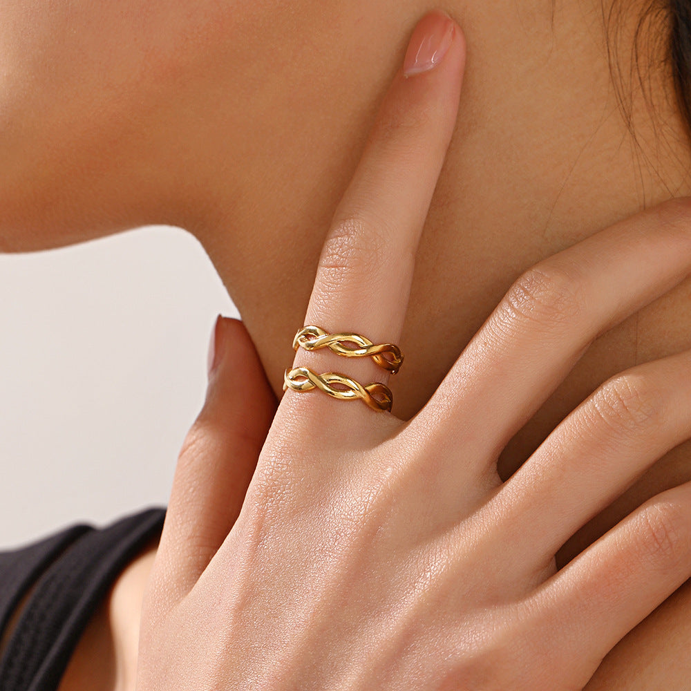 Womens Stainless Steel Cross Ring Double Layer Geometric Lines Adjustable Opening Fashion Jewelry European Style