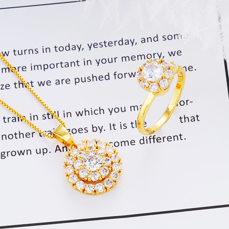 Spinning Ring Necklace Set with Zircon Pendant Brass Jewelry Gold Tone for Women Two Piece Collection Elegant Design
