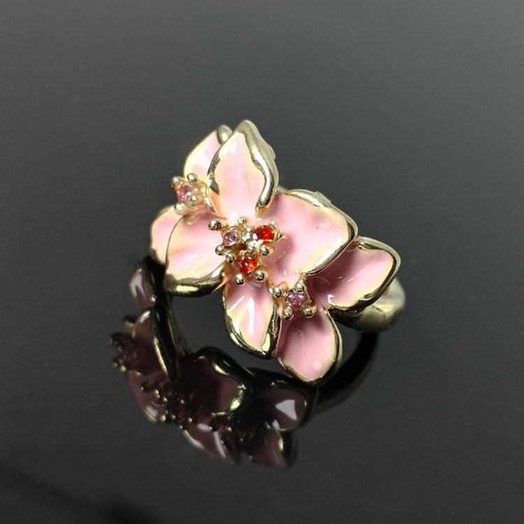 Womens Retro Flower Ring Crystal Painting Dripping Oil Alloy Floral Statement Ring Vintage Jewelry Faceted Crystal