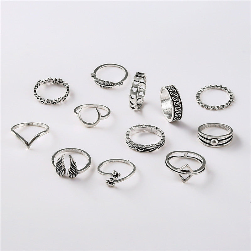 Womens Ring Set 12 Pcs European American Alloy Electroplated Rings Triangle Leaf Joint Designs Fashion Jewelry
