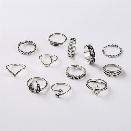 Womens Ring Set 12 Pcs European American Alloy Electroplated Rings Triangle Leaf Joint Designs Fashion Jewelry