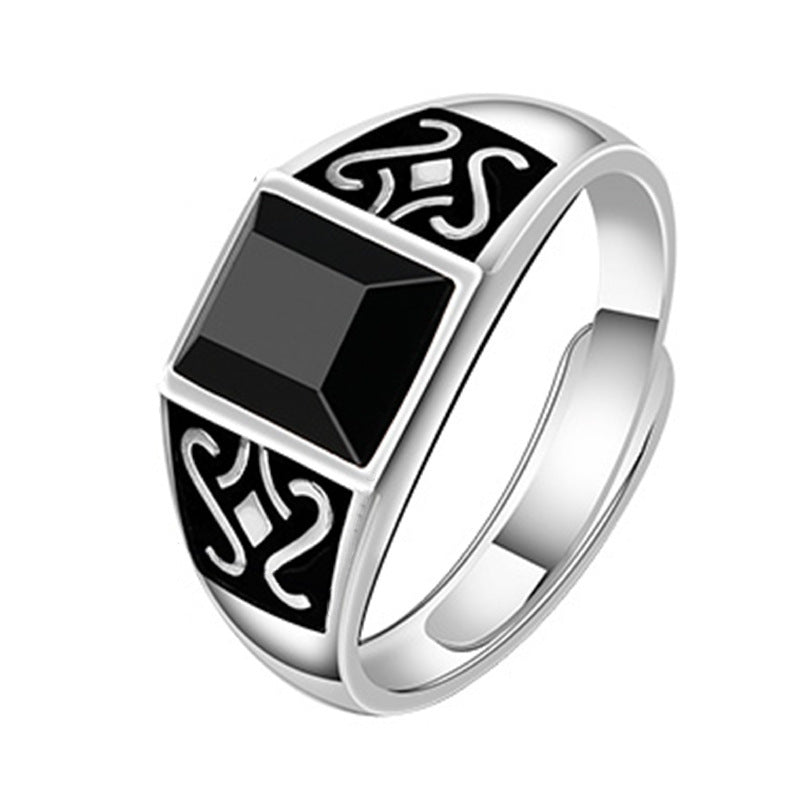 Mens Obsidian Domineering Geometric Carved Copper Ring Inlaid Gemstone Statement Fashion Jewelry Accessory For Him