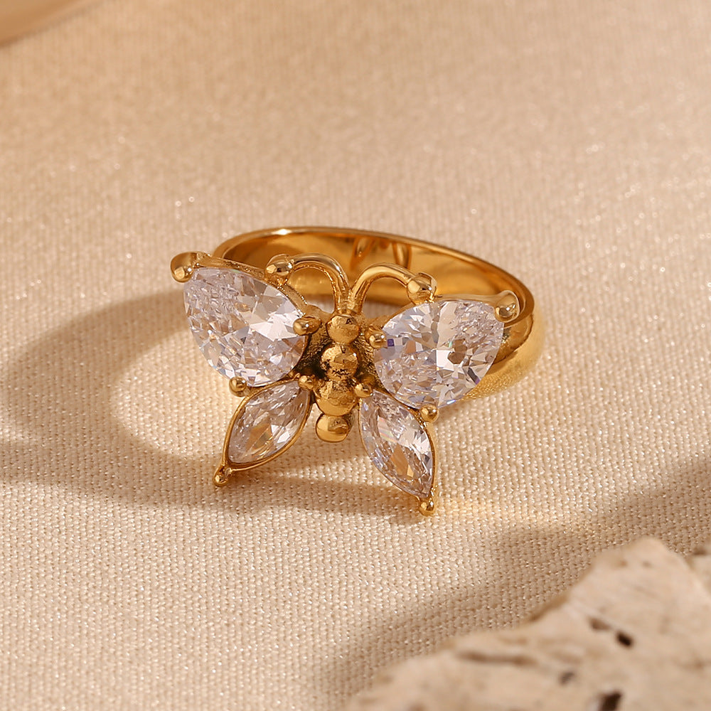 Butterfly Zircon Ring Stainless Steel 18K Gold Plated Jewelry Gift Ring For Women Elegant Daily Wear Keepsakes