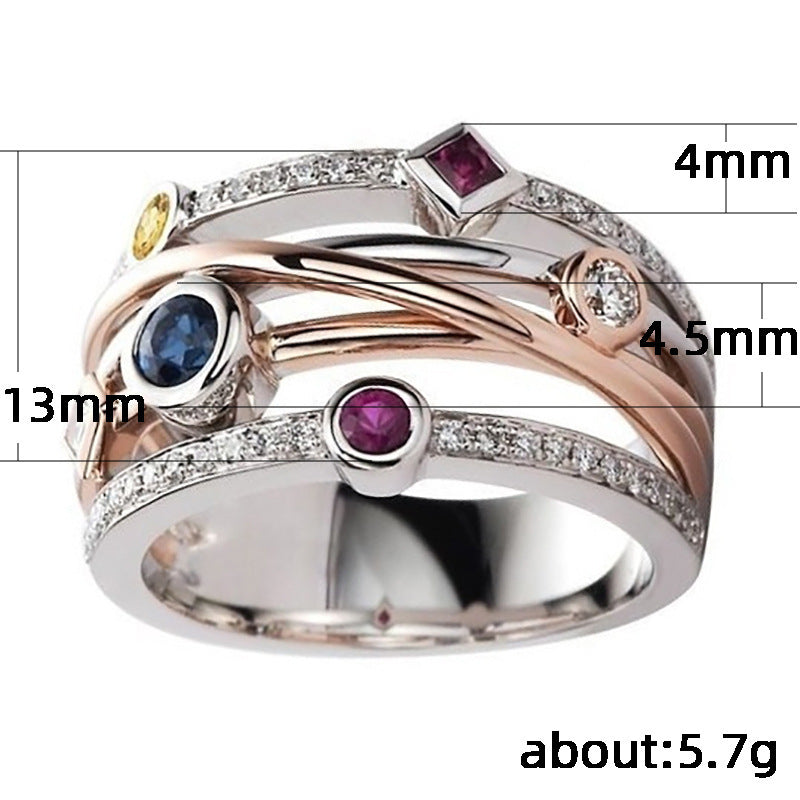 Hip Hop Style Geometric Zircon Ring Gold Plated Copper Inlaid Colorful Zircon Trendy Fashion Jewelry for Men Women