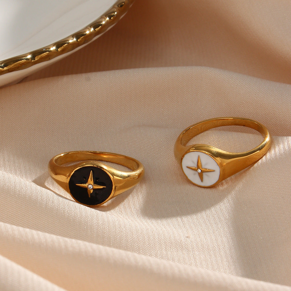 Ladies Stainless Steel Rings With Compass Disc Geometric Retro Fashion Jewelry For Women And Girls Black White