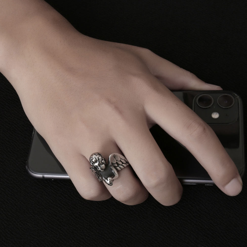 Mens Ring Titanium Angel Casting Polished Durable Metal Unique Design Fashion Jewelry Statement Accessory Gift