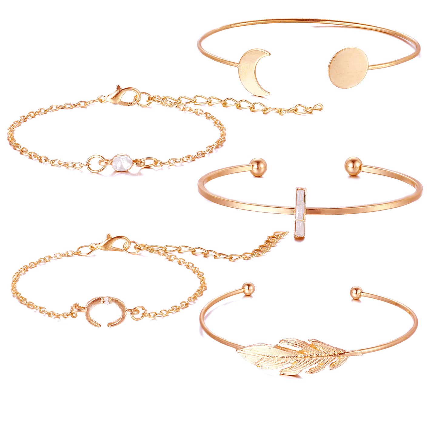 Womens Diamond Feather Bracelet Set Rhinestone Open Ended Bangle Leaf Knot Design Alloy Bracelets Set Of 5 Fashion