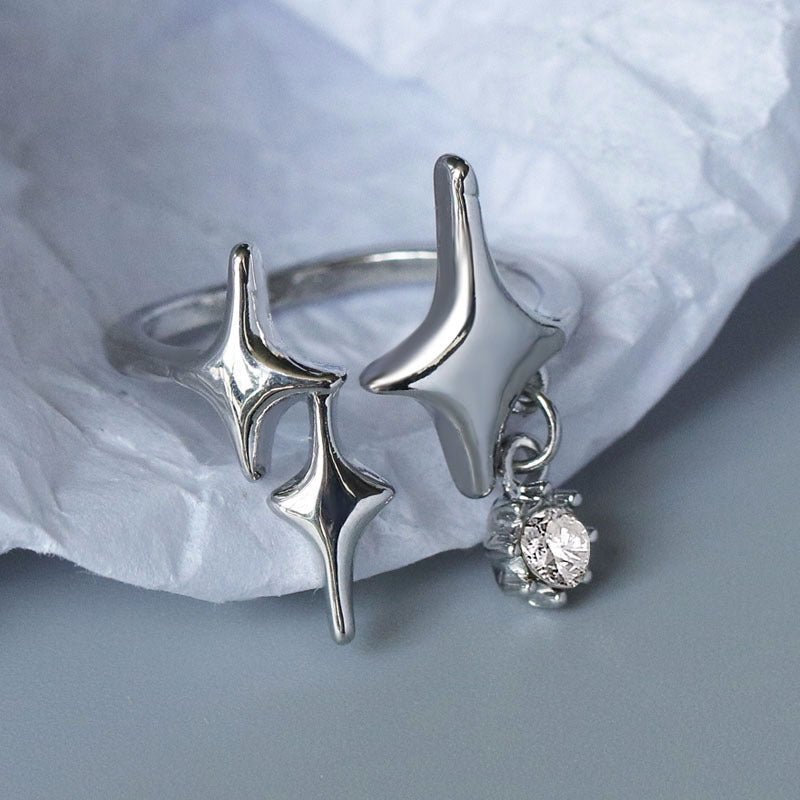 Adjustable Four Pointed Star Geometric Alloy Ring With Artificial Gemstones For Women Elegant Jewelry For Women