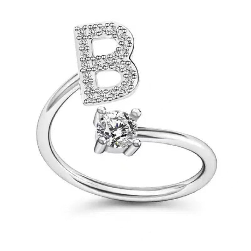 Women's Initial Alphabet Zircon Ring Open Mouth Adjustable Design A to Z Letter Jewelry Gift for Her Gifts for Her