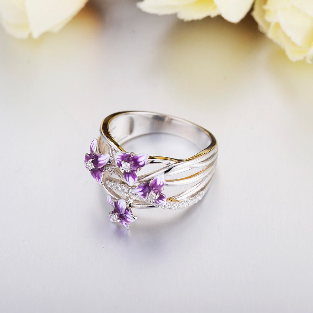 Violet Flower Color Epoxy Resin Ring With Brass And White Steel Inlays Of Gemstones For Women Sizes 6 7 8 9 10