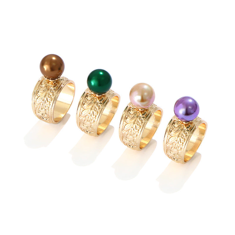 Womens Colorful Pearl Index Finger Ring Gold Plated Geometric Inlaid Gemstone Fashion Jewelry Gift Fashionable