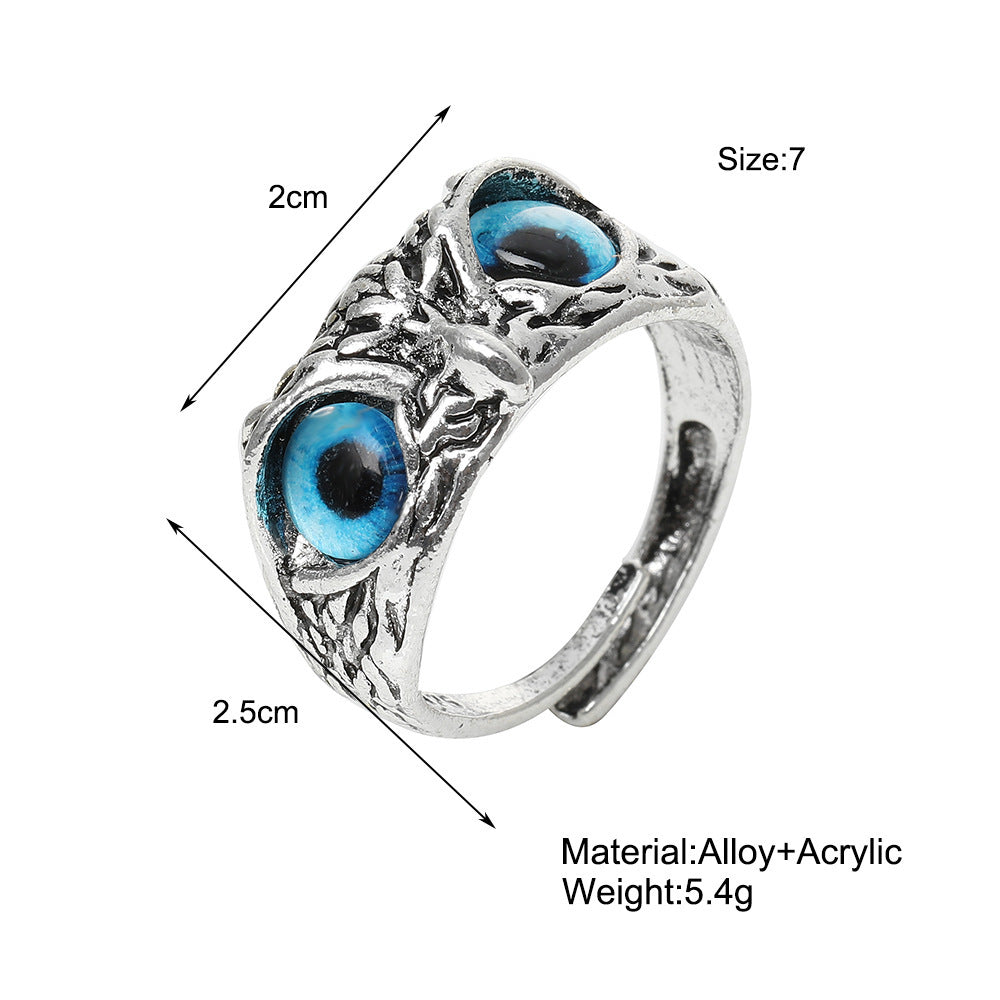 Unisex Alloy Ring With Retro Blue Eyes Owl Design Electroplated Statement Ring High Quality Beautiful For Everyday Wear