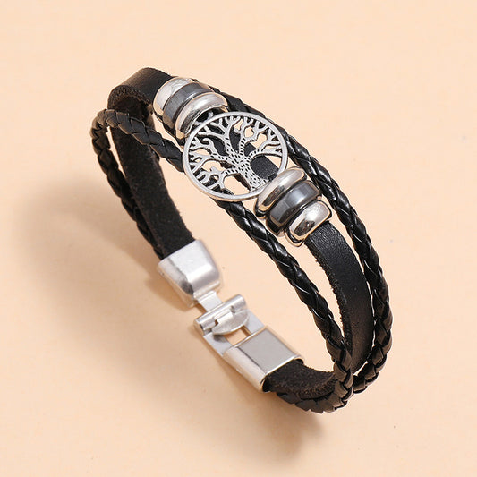 Mens Braided Faux Leather Bracelet With Lucky Tree Design European Buckle Black And Brown Wristband 21 cm Casual