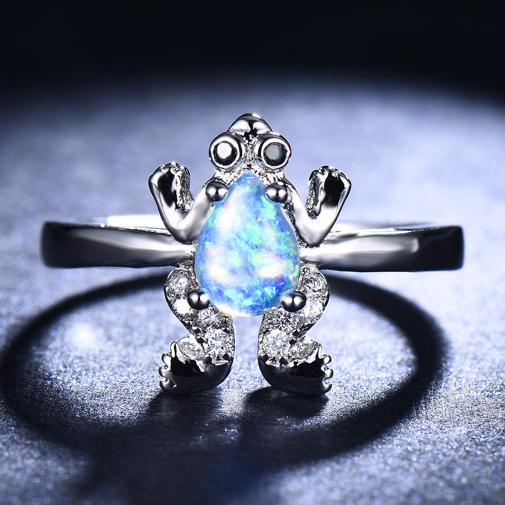 Womens White Opal Frog Ring European Geometric Copper Ring Electroplated Metal Jewelry Fashion Ring for Women or Girls Elegant Ring