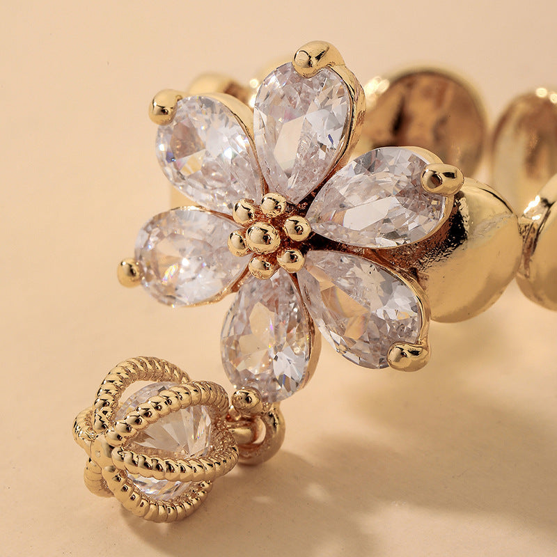 Gold Electroplated Diamond Flower Ring For Women Adjustable