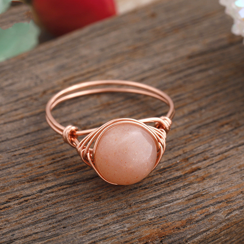 Natural Stone Bead Copper Adjustable Ring For Women Fashion Jewelry Handmade Party Promo Accessory About 20 Mm