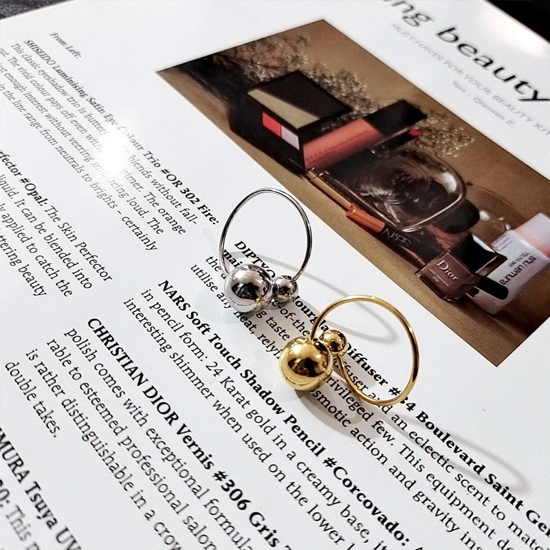 Open Mouth Geometric Titanium Steel Ring With Double Ball And Split Three Ball Design For Fashion Jewelry Chic