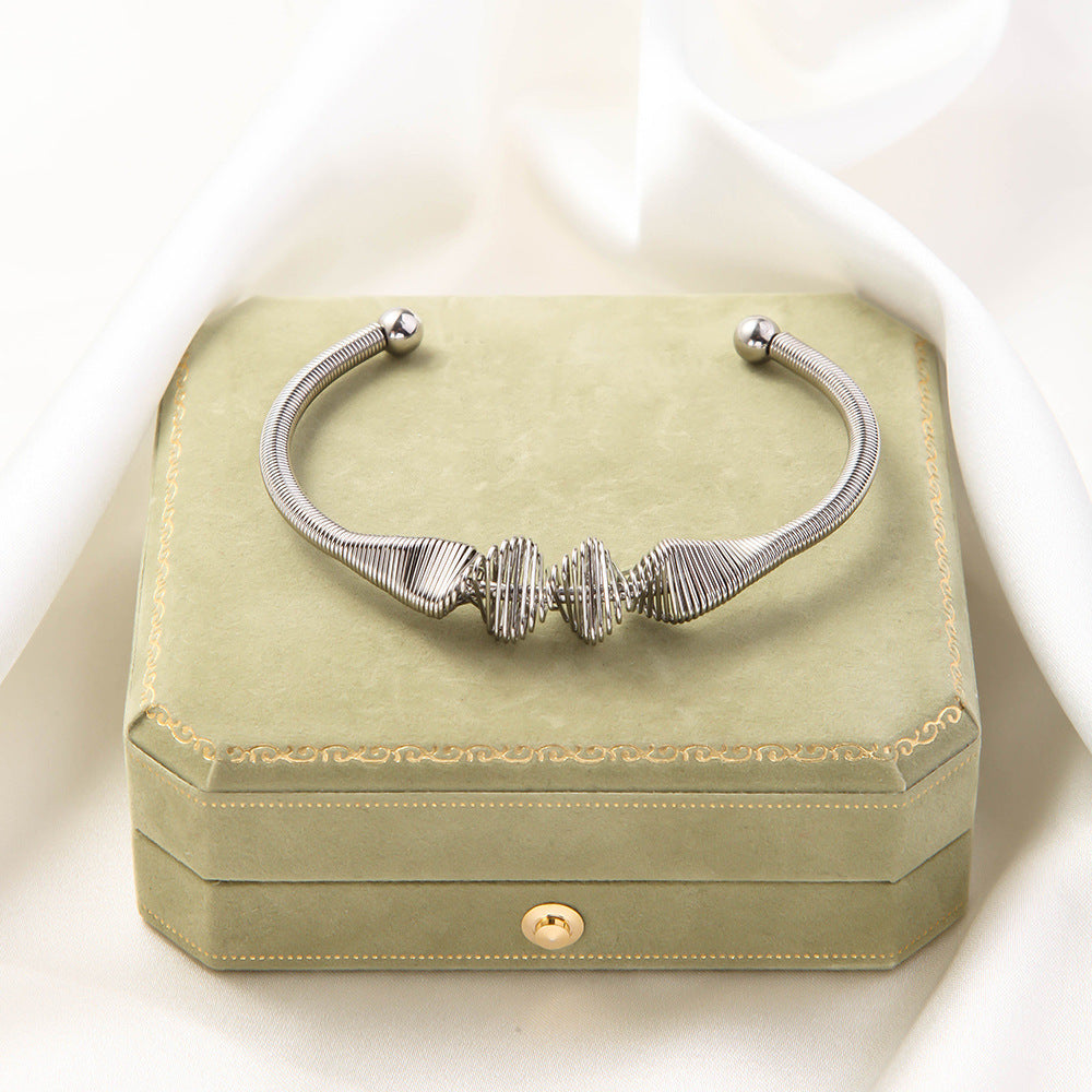 Stainless Steel Woven Bracelet Open Ended Fashion Bangle Electroplated Durable Round Design Accessory Steel And Gold