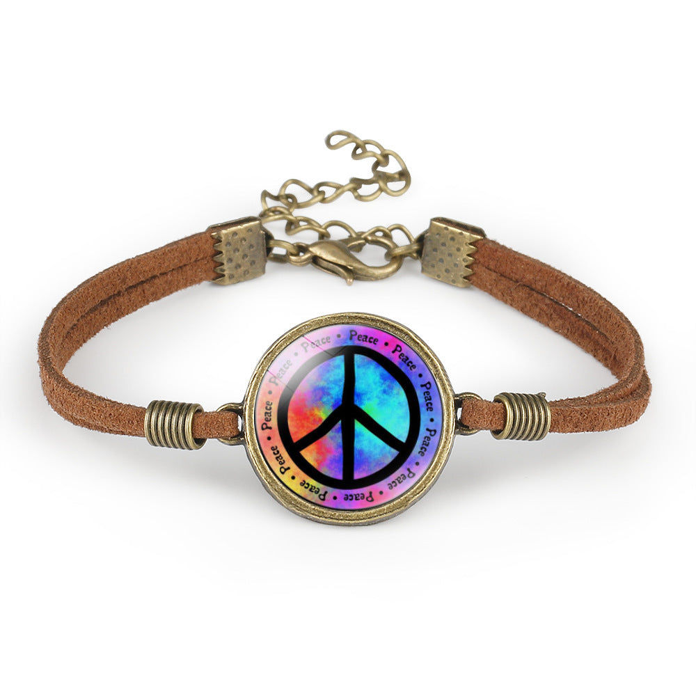 Unisex Leather Bracelet Peace Sign Retro Geometry Pattern With Crystal Inlay And Distressed Finish Packed Gift