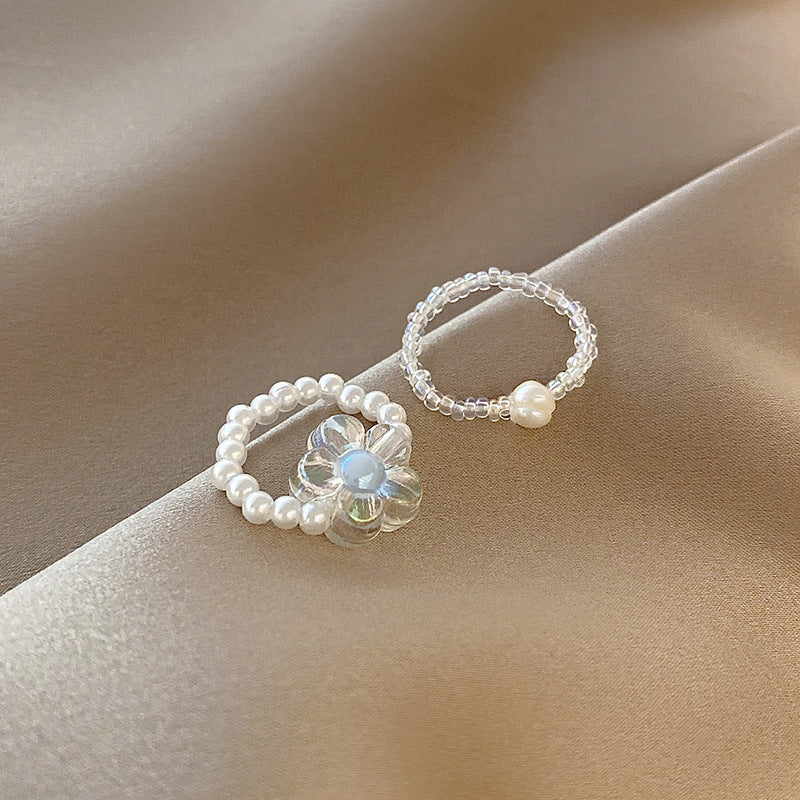 Womens Pearl Rings Set Of 2 Adjustable Elegant Acrylic Rings Elastic Rope Two Piece Ring Fairy Rings For Women