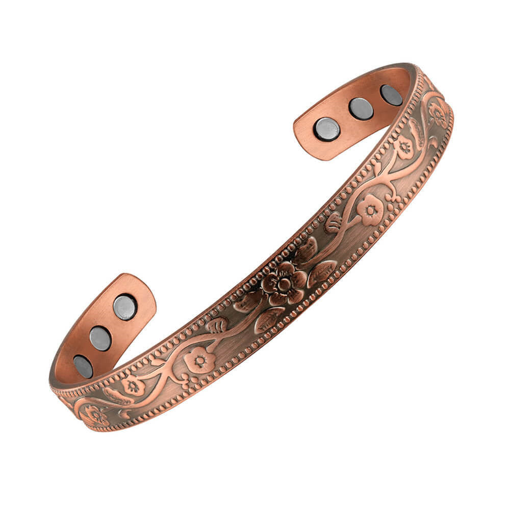 Womens Carved Plum Design Ring Solid Red Copper Magnetic European Style Jewelry Accessory Elegant Plated Charm