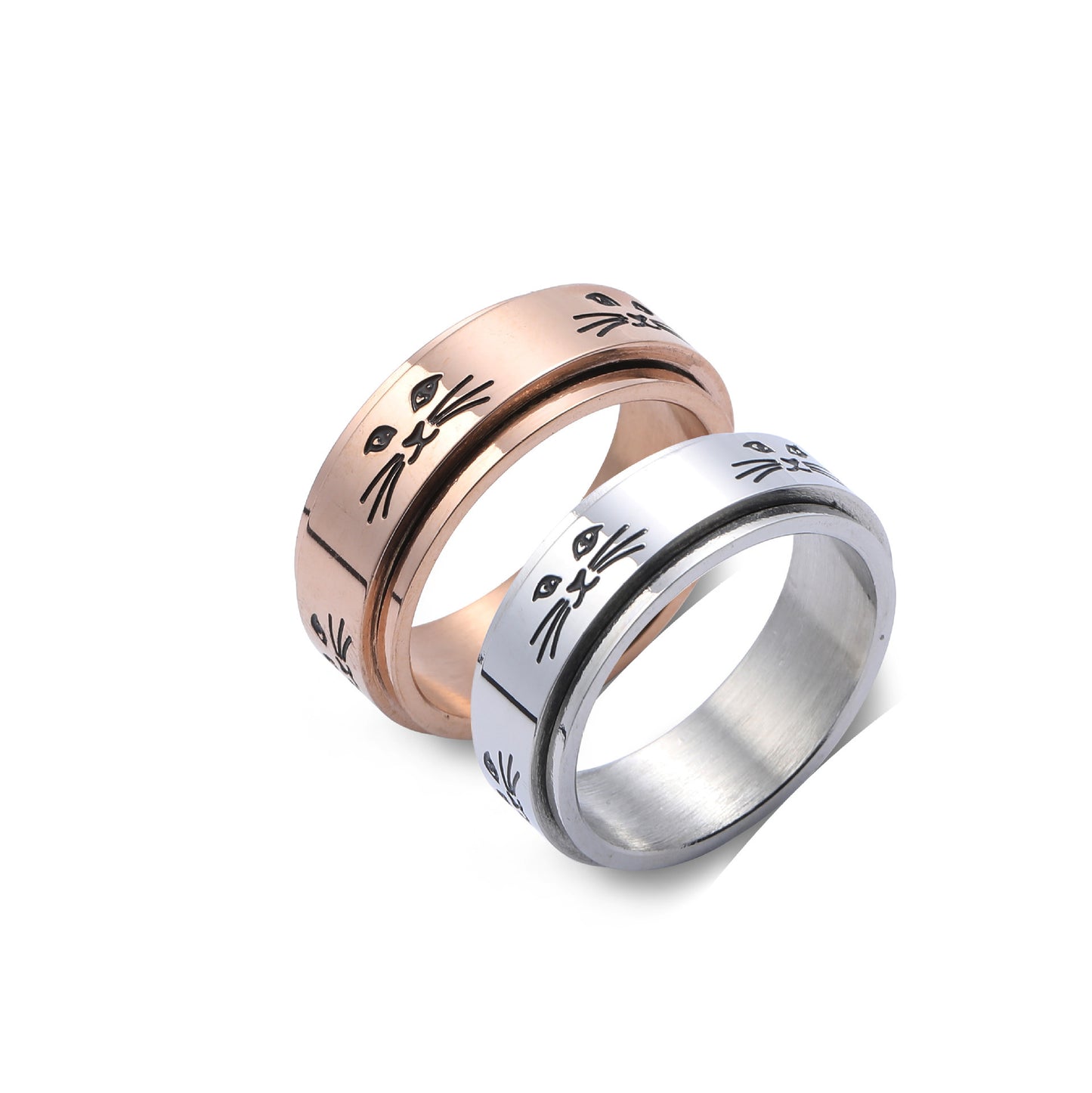 Unisex Stainless Steel Ring With Rotating Cat Face Design And Geometry Metal Elements Silver Gold And Cat Face