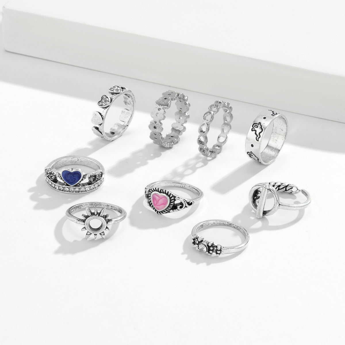 Punk Multi Element Stacking Hollow Heart Shaped Ring Gold Plated Geometry Bohemia Ethnic Retro Metal Alloy Set