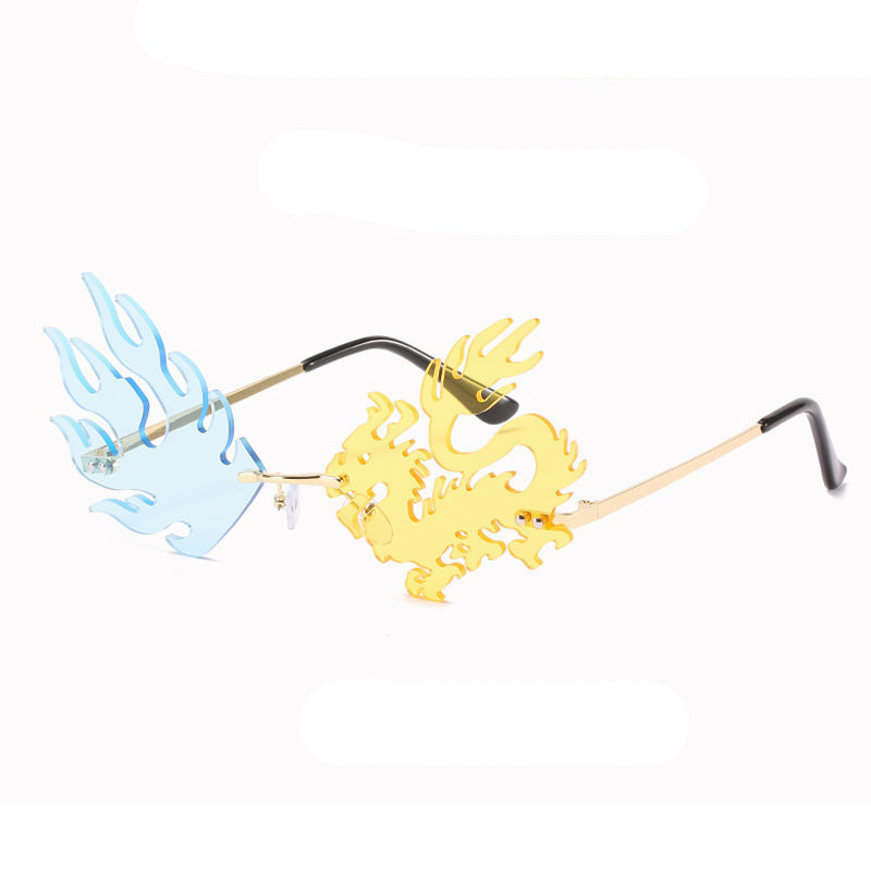 Frameless Glasses Funny Fashion Personality Unique Lightweight Plastic Material Goldtone Frame Black Gray Lens