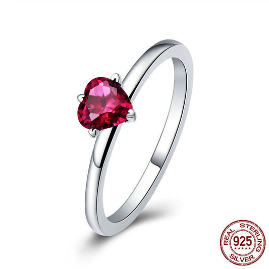 Sterling Silver Heart Ring With Red Zircon Inlay 925 Oxide Finish European Style Jewelry European American Jewelry